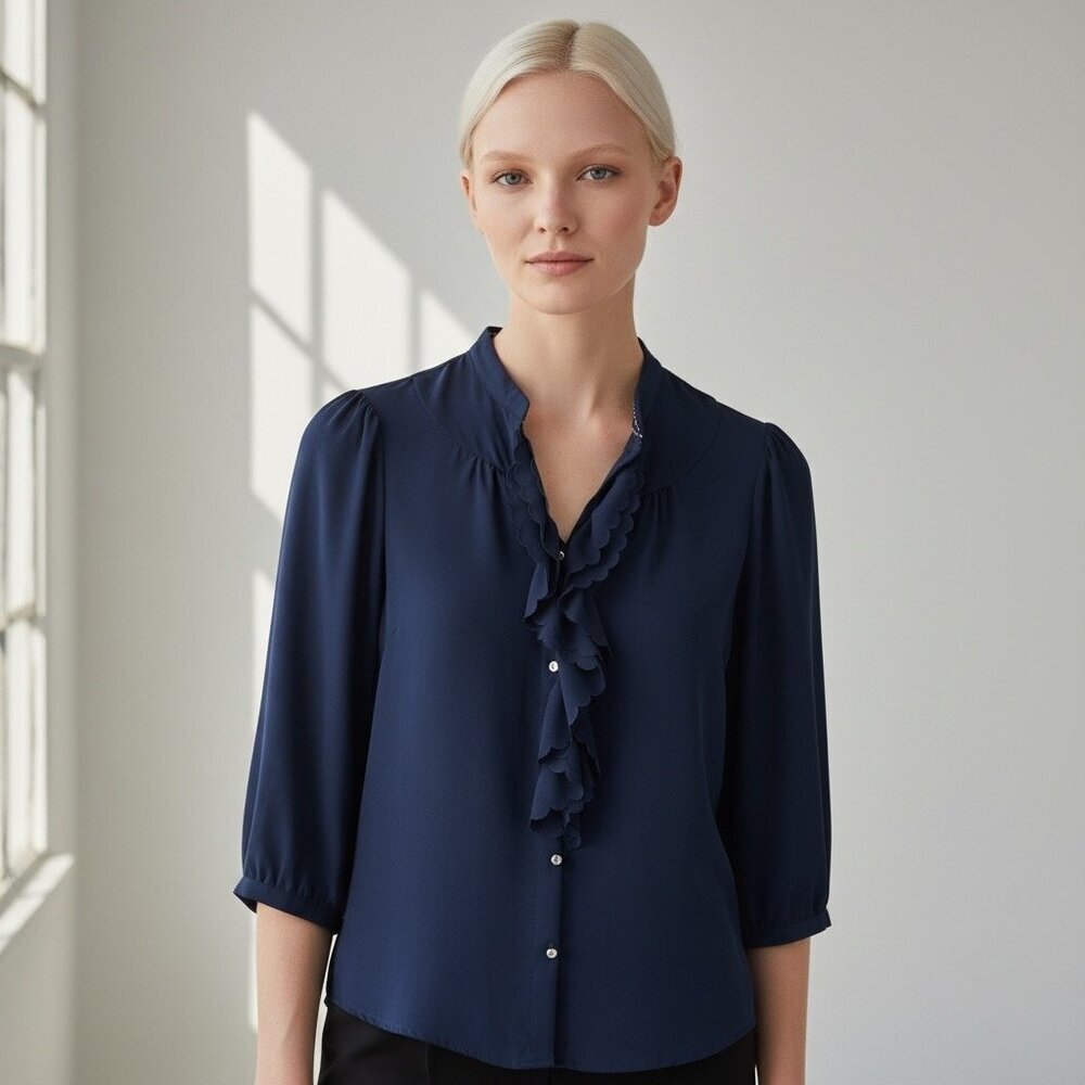 HD in Paris Navy Blue Ruffle Front Blouse Romantic French-Inspired Top Size 6